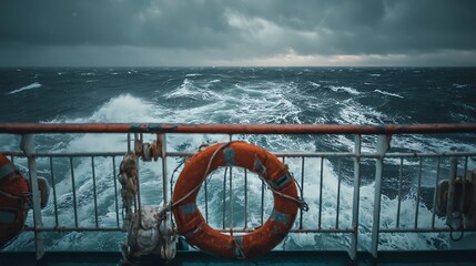 Stormy sea view from ship deck with lifebuoy. Maritime travel safety .