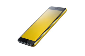 A modern yellow smartphone is lying flat on a white surface, highlighting its sleek design and advanced features isolated on transparent background