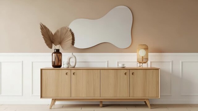 A stylish wooden sideboard with decorative items including a unique mirror, dried leaves, and a lamp