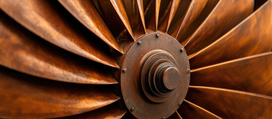 Copper turbine blades radiate from a central hub in close-up. Industrial machinery, engineering, mechanical design