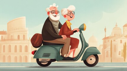 Happy retired couple riding scooter in a european city with copy space for text placement