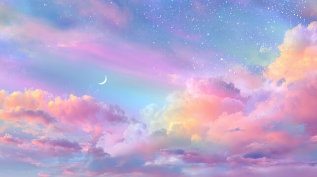 Holographic fantasy rainbow background with clouds and stars. Pastel color sky.Cloudy sky background. Unicorn fantasy pastel galaxy. Rainbow cute wallpaper. Fluffy magic pink landscape