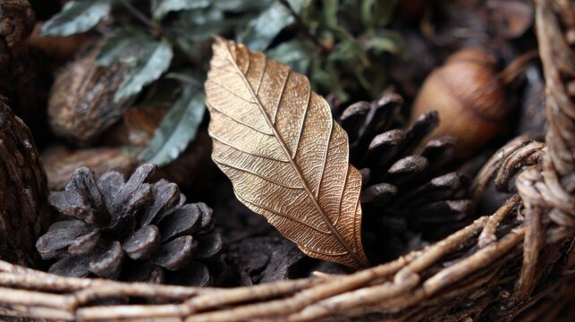 Bronze beech leaf in wicker basket with pine cones. Rustic farmhouse style - Powered by Adobe