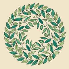 Circular arrangement of green leaves and buds forming a decorative border isolated on white background silhouette