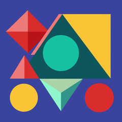 Abstract geometric composition with colorful shapes and triangles silhouette isolated on white background