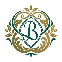 Elegant monogram b emblem with ornate flourishes and leaf motifs silhouette isolated on white background