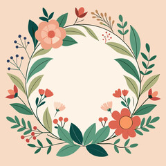 Decorative floral wreath with coral and pink flowers and green leaves silhouette isolated on white background