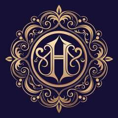 Elegant golden letter h monogram with ornate flourishes silhouette isolated on white background