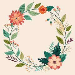 Decorative floral wreath with orange and pink flowers and green leaves isolated on white background silhouette