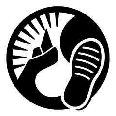 Stylized footprint and mountain peak symbol silhouette isolated on white background
