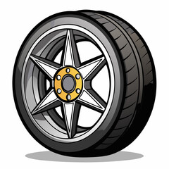 Stylized six spoke alloy car wheel and tire with yellow hub isolated on white background silhouette