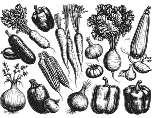Vegetables are set in a hand-drawn vintage vector sketch drawing. draft silhouette transparent background.