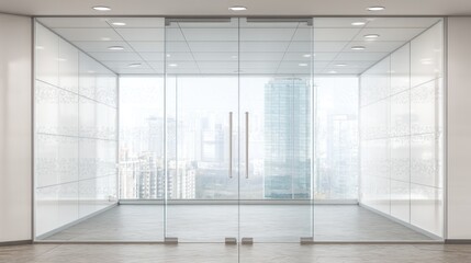 Empty office space with large glass doors.
