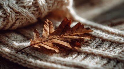 Red oak leaf on vintage knitted sweater in morning light. Hygge home styling