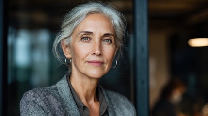Fototapeta premium Confident stylish european mature middle aged woman standing at workplace. Stylish older senior businesswoman, 60s gray-haired lady executive leader manager looking at camera in office, portrait., no