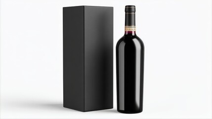 bottle of wine, A black wine bottle with a label and a closed black box packaging mockup isolated on a white background