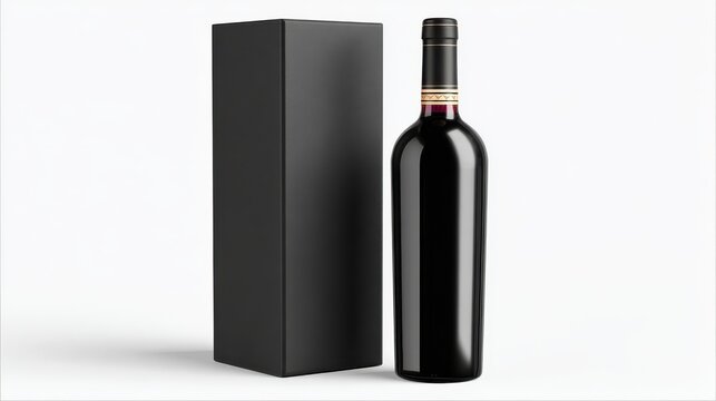 bottle of wine, A black wine bottle with a label and a closed black box packaging mockup isolated on a white background