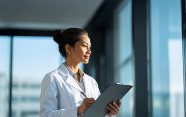 Woman in Lab Coat with Clipboard Standing by Window in Modern Facility — Healthcare or Science Professional Doing Inspection, Research, or Data Collection