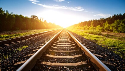 Fototapeta premium Railroad tracks stretching into sunlit forest