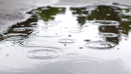 Rain drops creating ripples in a puddle on asphalt