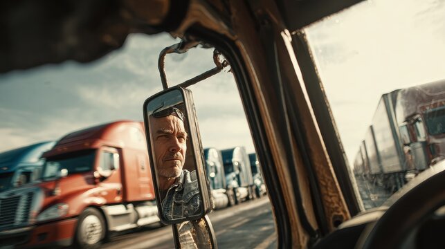 A driver sitting inside the semi-truck while looking at camera through the open window with multiple trucks parked in the background, no logos, no brands