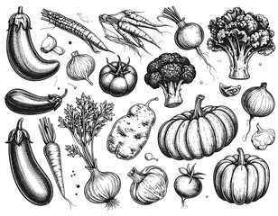 Vegetables are set in a hand-drawn vintage vector sketch drawing. draft silhouette transparent background.