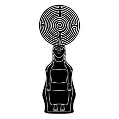 Seated woman with a round spiral maze or labyrinth symbol. Ariadne. Ancient Greek goddess. Creative mythological concept. Black and white silhouette.