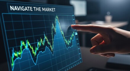 Finger pointing at glowing stock market graph on dark screen with text Navigate the Market finance trading