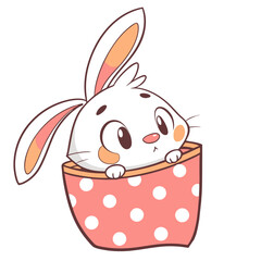 Charming cartoon bunny peeking out from a polka dot pouch with a curious expression and copy space
