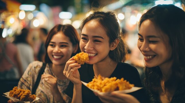 Asian women and friends Tourists enjoy eating traditional fried shrimp gyoza together at the Bangkok night market, in Thailand.