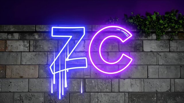 Neon "ZC" illuminated signs on a brick wall with greenery