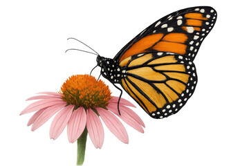 Fototapeta premium Beautiful monarch butterfly feeding on a pink coneflower, isolated on a transparent background