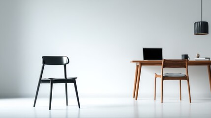 Modern minimalist interior with wooden table and chairs.
