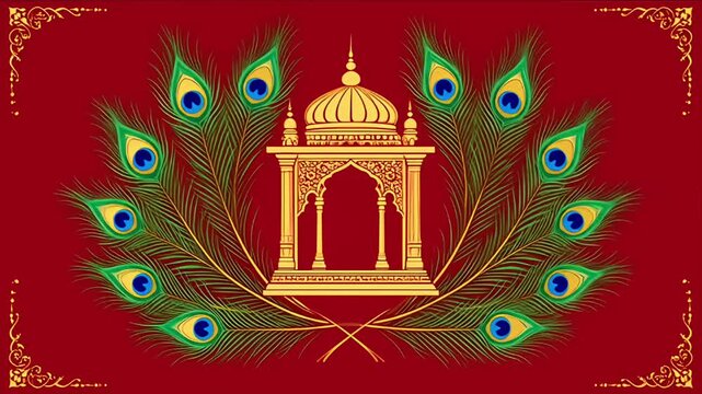 Ornate golden archway, peacock feathers on rich red background
