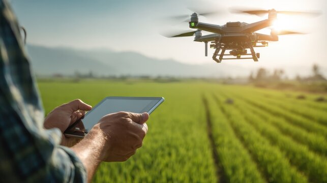 Farmer controlling drone over lush green fields using tablet in bright sunlight for agricultural monitoring and precision farming