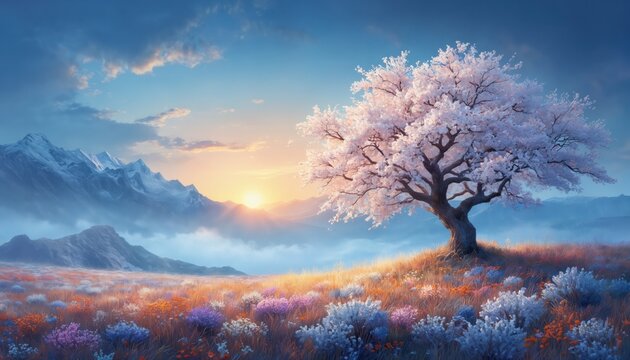 Serene landscape at sunset with large tree featuring white flowers. Colorful flowers in red, purple, yellow bloom around tree in meadow surrounded by mountains. Vibrant blue sky with scattered clouds