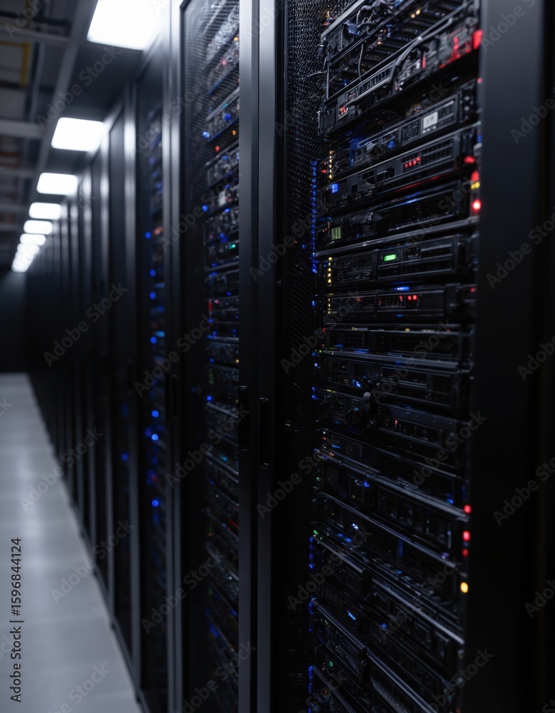 Poster vast server room with black servers housing various components. orderly arranged rows with complex n