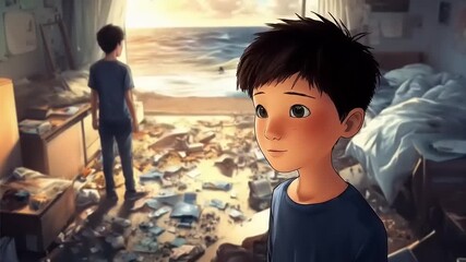 Teenager Contemplating Ocean View From Chaotic Room, Searching for Serenity