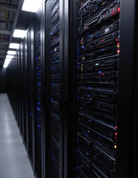 Vast server room with black servers housing various components. Orderly arranged rows with complex network of wires, cables. Largest server tower in center, surrounded by smaller racks extending into