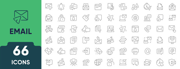 Email Line Icon Set. Set of 66 outline icons including envelope, inbox, send, reply, message, spam, newsletter, and communication. Editable stroke. Linear vector illustration.