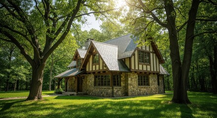 Obraz premium Charming tudor style cottage nestled amongst lush green trees isolated on white background