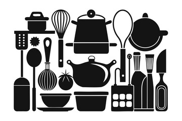 Collection of black kitchen utensils and cooking pots