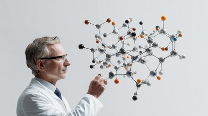 Scientist studying molecular structure with 3D model during research in laboratory