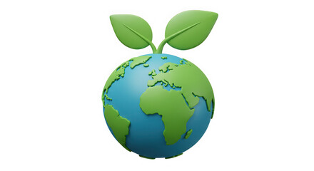 Stylized 3d earth with growing green leaves isolated on transparent background
