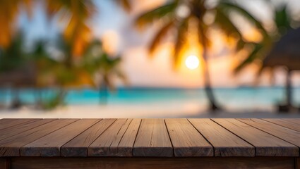 Empty wooden table with an ocean beach and summer sky background