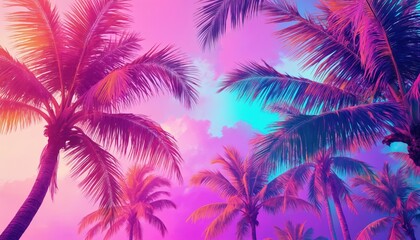 Vibrant retro-style banner featuring Miami Beach with colorful palm trees set against neon-lit backdrop. Tropical scene with large palm tree surrounded by smaller palm trees, flowers, warm earthy