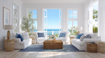 Bright coastal living room with white sofas wicker coffee table and blue accents creating a serene and inviting space filled with natural light