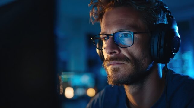 technology, gaming, entertainment, let's play and people concept - young man in headset and glasses with pc computer playing game at home and streaming playthrough or walkthrough video, no logos, no 