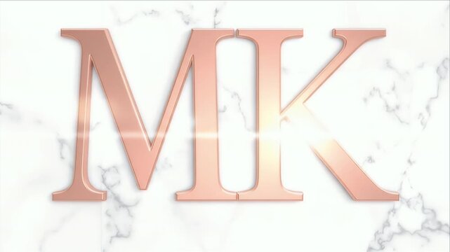 Rose gold initials "MK" over a white marble surface, modern design