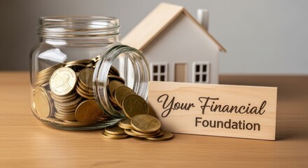 Glass jar overflowing with gold coins next to a model house and wooden sign money jar savings